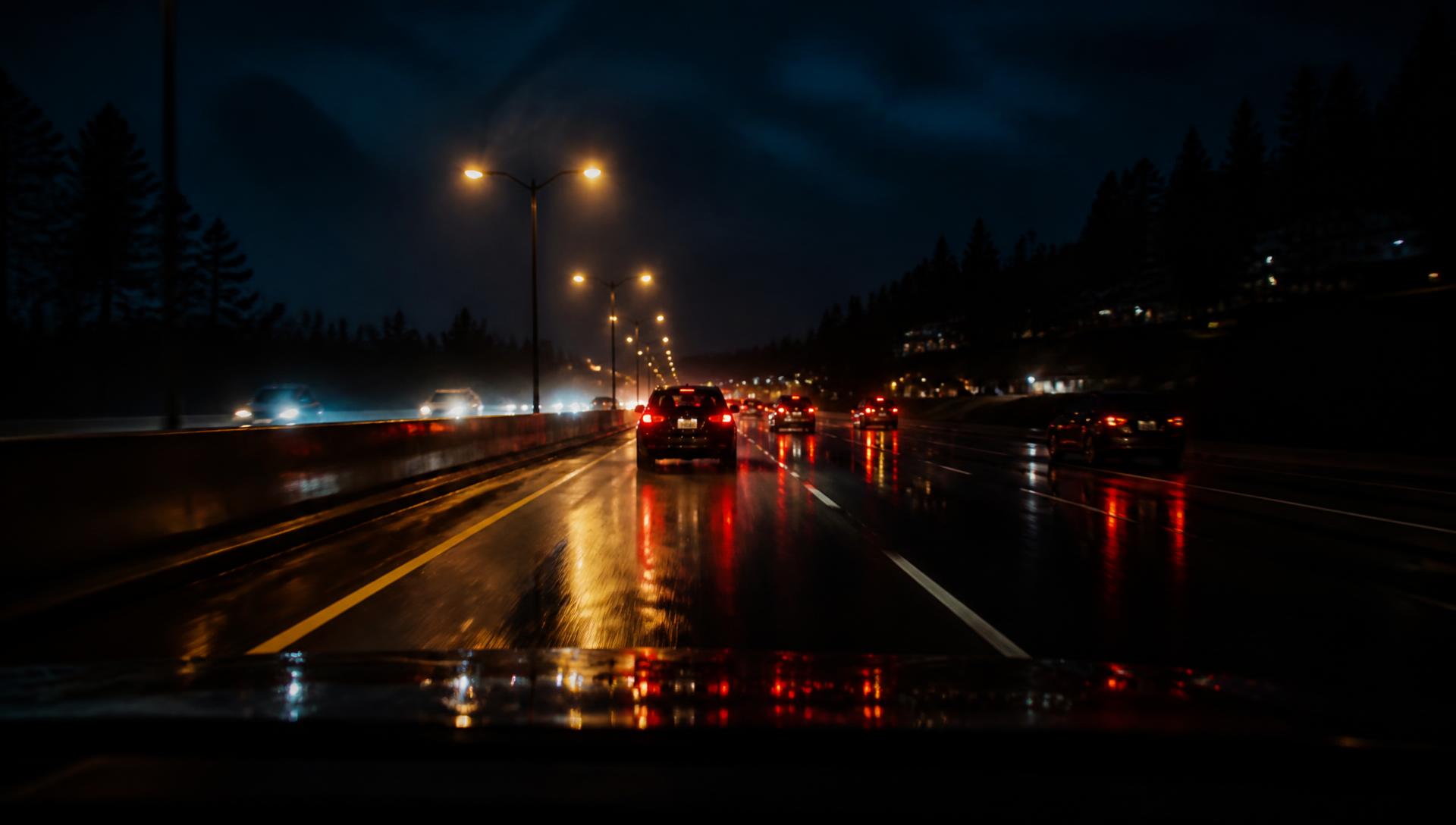 Rain-slick night highway with blurred tail lights